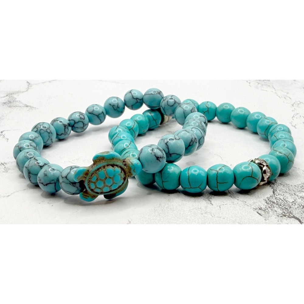Boho Turquoise Beaded Bracelet Set Sea Turtle‎ Stretch Stack Beach Coastal 8mm